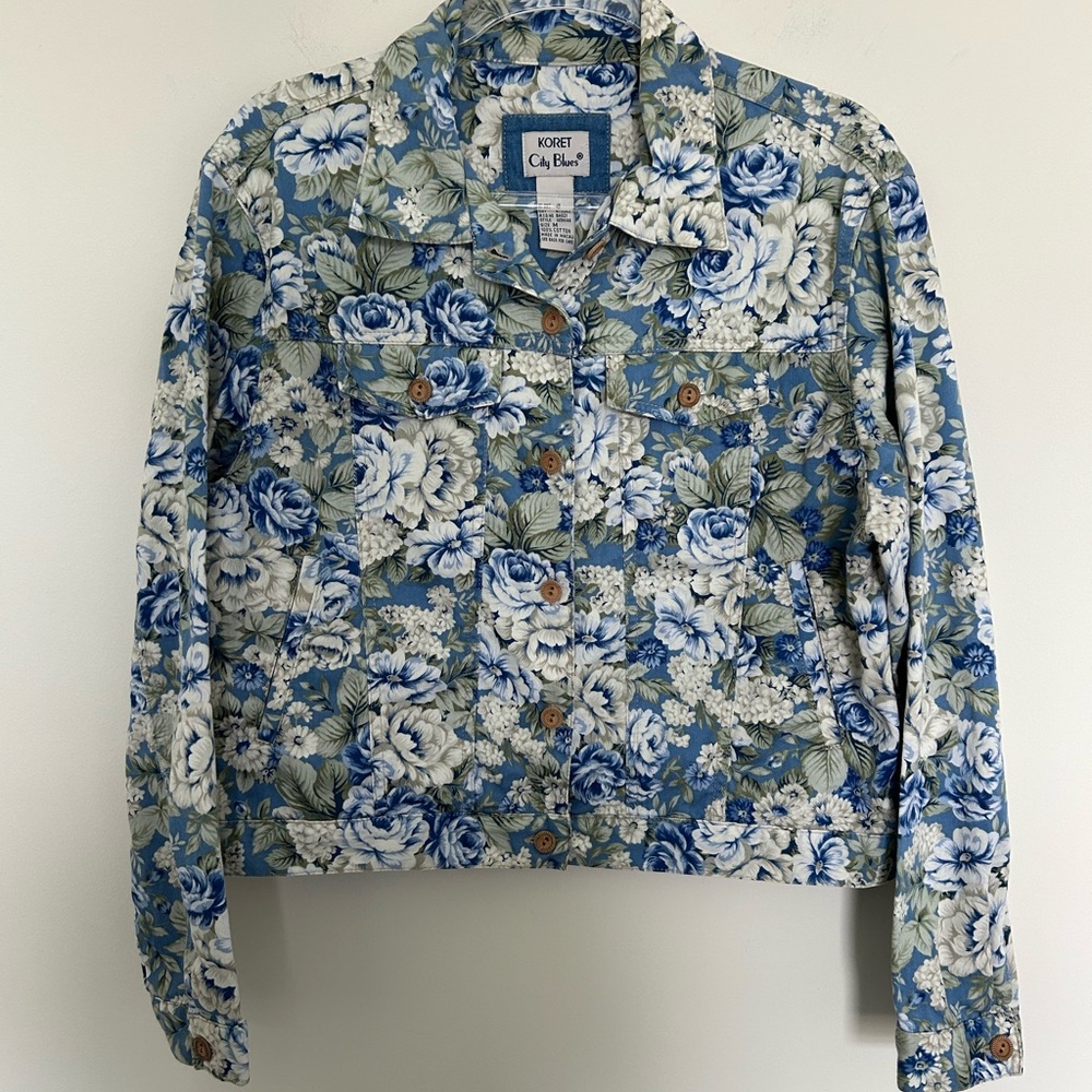 Koret City Blues Rose Print Jacket Blue Medium Vintage 90s Cotton Floral 165H146